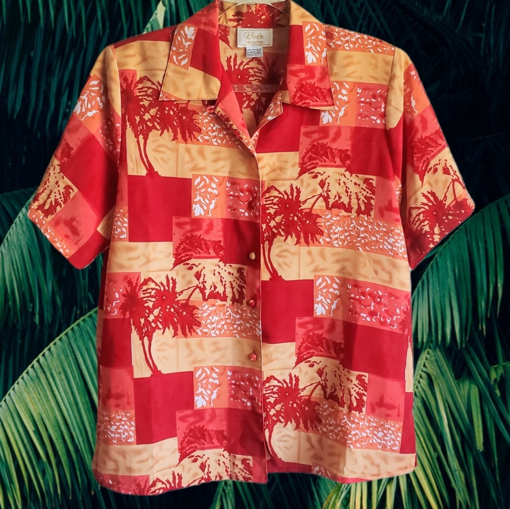 Vintage Colorblock Button-down Beach Tropical Sunset Red Orange Top